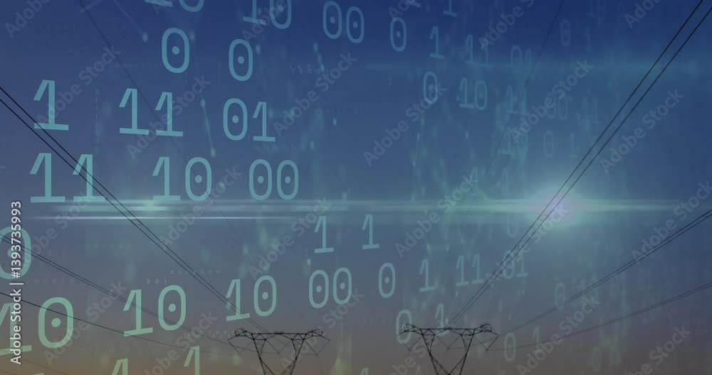Poster binary code animating over power lines during sunset in technology concept