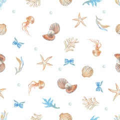Seamless pattern of sea life hand drawn watercolor. Art work for textile, wallpaper, gift paper. Eps file have transparent background.