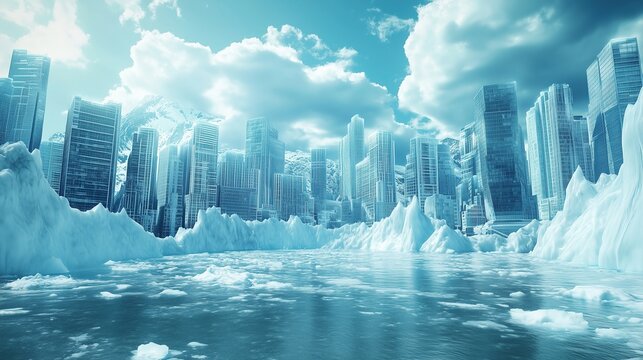 A massive glacier engulfs a futuristic city, symbolizing the paradox of climate change.