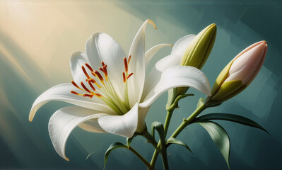 White lily in full bloom with delicate petals and stamen. Two buds are poised to open. Soft light illuminates the floral beauty.