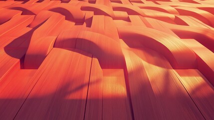 Fototapeta premium Interwoven pattern of reddish wood creates a dynamic, dimensional effect. Light and shadow interplay accentuate texture