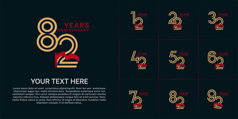 Anniversary logo type set with double line number. golden color and red ribbon for celebration event