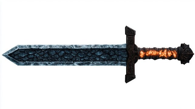 A legendary dragonslayer sword, massive blade with dragonscale engravings, glowing emberlike patterns, floating over white