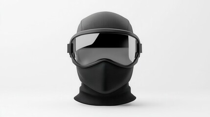 Cyber ninja mask with a sleek black visor, holographic interface, and lightweight aerodynamic design, set against white