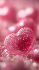 Fototapeta premium A heart made of candy is surrounded by small, shiny beads. The heart is pink and the beads are clear. Concept of sweetness and love