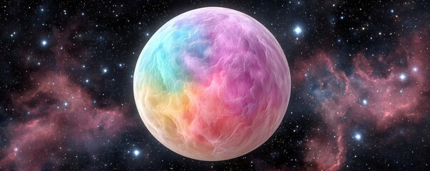 Fototapeta premium A vibrant, colorful planet surrounded by a starry cosmos, showcasing a blend of pastel hues and swirling gaseous textures.