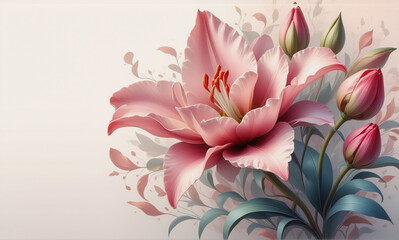 A pink lily and tulips bloom with green leaves against a soft, light backdrop.  Delicate petals and pastel colors create a gentle floral arrangement.