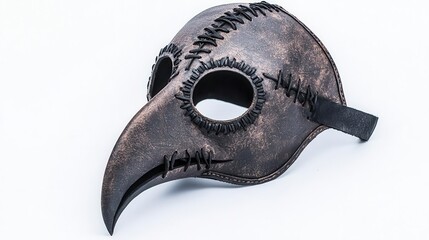 Mysterious plague doctor mask with a long beak, dark leather stitching, and a gothic Victorian aesthetic, isolated on white