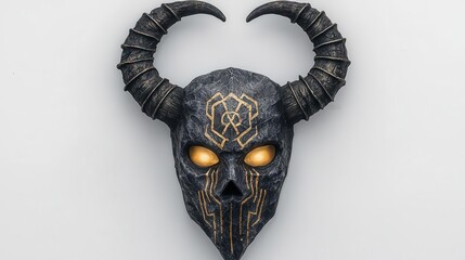 Ritualistic demon hunter mask with glowing ancient runes, curved horned details, and an eerie supernatural presence, displayed on white