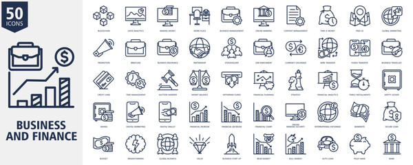 Business and Finance Icon Set Outline Style with blockchain, data analytics, making money, work place, business management, online banking, content management, time is money and global marketing
