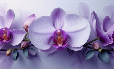 Fototapeta premium Elegant purple orchids blossom gracefully, their petals illuminated by soft lighting. A serene floral composition showcases nature's beauty in a calming, gentle manner.