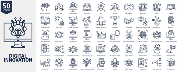 Obraz premium Digital Innovation Icon Set Outline Style with artificial intelligence, blockchain, cloud computing, cyber security, iot, big data, virtual reality, smart cities, fintech and e commerce 