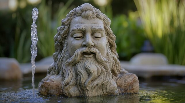 Serene stone bust fountain head in garden pond.