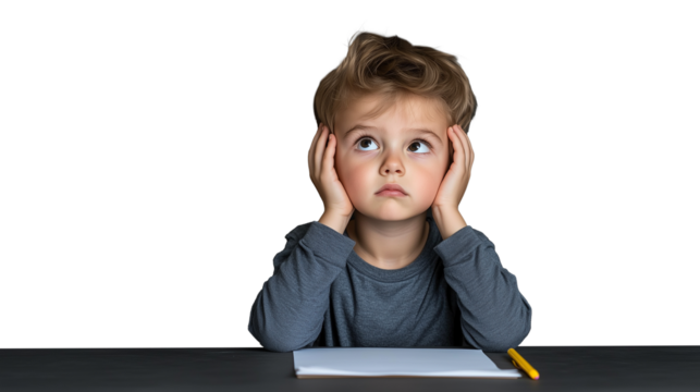 Thoughtful child with hands on head looking up on transparent background