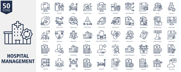 Hospital Management Icon Set Outline Style with Patient Registration, Outpatient, Inpatient, Emergency Services, Medical Record, Receptionist, Waste Management, Billing and Finance, First Aid
