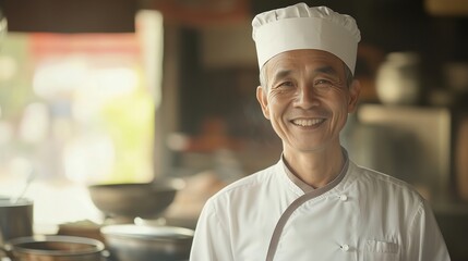 Smiling chef in uniform exudes warmth and professionalism, embodying culinary passion and expertise.