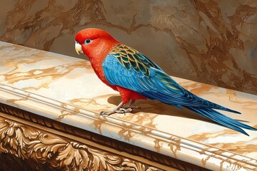 Red and Blue Parrot on Ornate Marble Surface