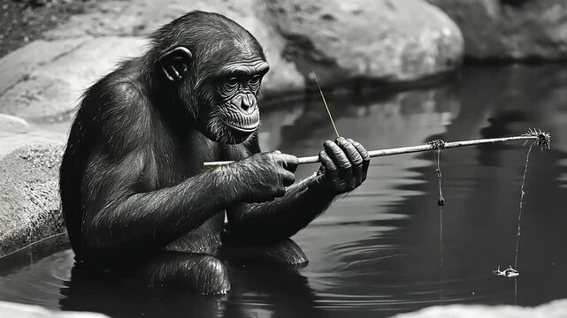 A chimpanzee skillfully fishing with a stick in a tranquil pond surrounded by natural rocks