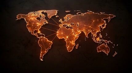 The image shows a world map depicted as a network of interconnected glowing nodes and lines, suggesting global connectivity.