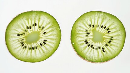Fototapeta premium Fresh Kiwi Halves with Vibrant Green Texture and Seeds, Isolated on White Background