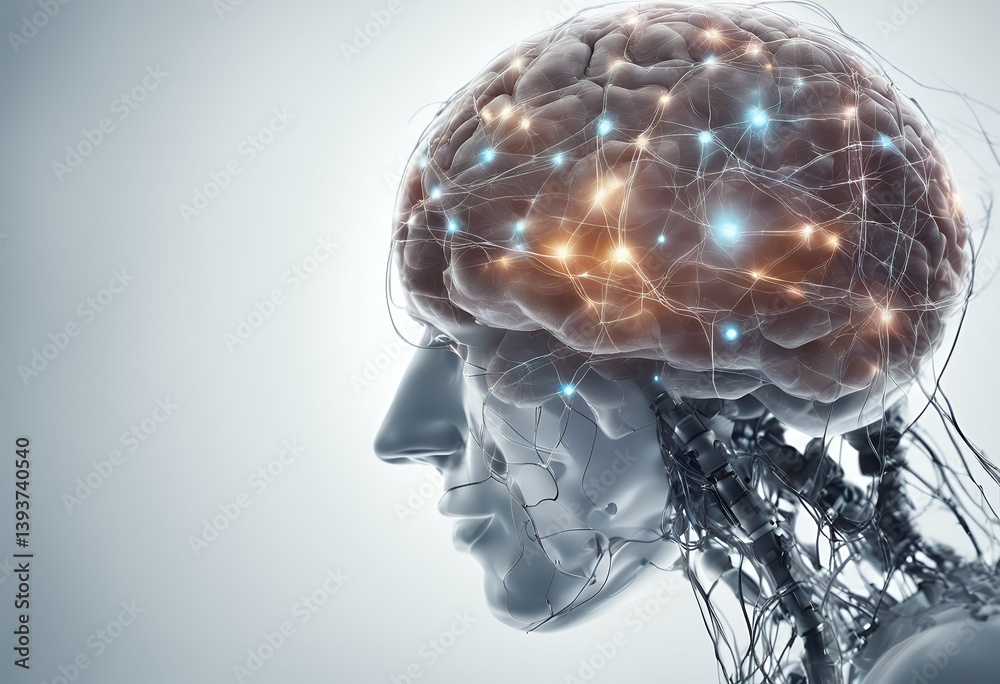 Poster digital data network connection human brain white background form artificial intelligence technology