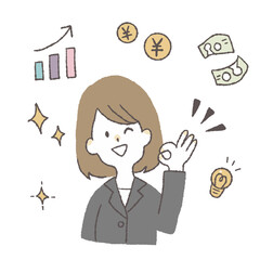 手書き風ゆるいタッチのビジネスウーマン（上半身・アイコンセット）｜プレゼン・お金