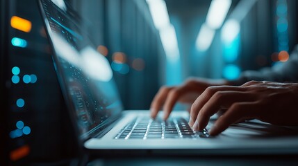 Closeup Hands Typing on Laptop Keyboard in Dark Server Room Modern Technology Digital Data Network Internet Cybersecurity Business Professional       