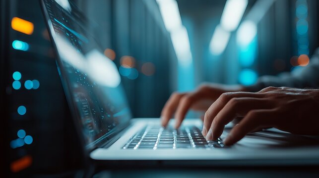 Closeup Hands Typing on Laptop Keyboard in Dark Server Room Modern Technology Digital Data Network Internet Cybersecurity Business Professional        - Powered by Adobe