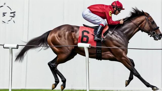 A majestic brown racehorse in full stride, ridden by a professional jockey. the horse&rsquo;s powerful muscles, flowing mane, and strong legs in motion