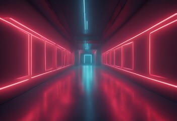 neon reflection lamps floor light dark symmetrical concrete 3d smoke long background room corridor mirroring abstract red illustration tunnel design city waterfall colourful fountain music clean