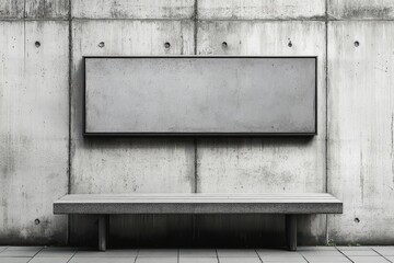 A concrete bench sits below a rectangular sign on a wall