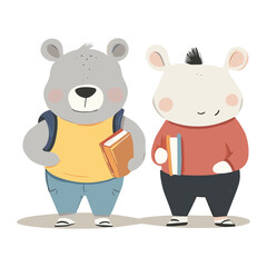 Cartoon Bear and Cow Characters with School Supplies