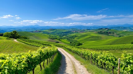 Sunlit Vineyard Landscape Rolling Green Hills and Dirt Road