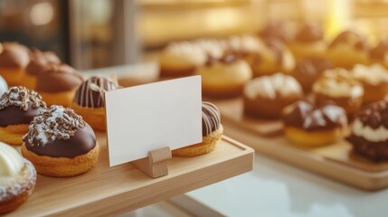 Blank price tags and signage. Assortment of Chocolate and Cream Pastries on Wooden Display with Blank Sign