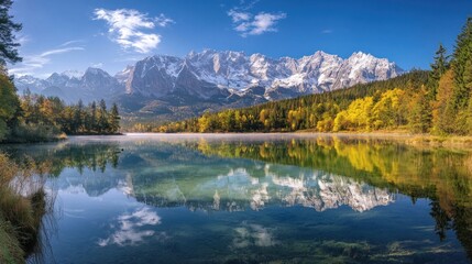 Fototapeta premium Serene autumnal lake reflecting majestic peaks. Tranquil alpine scenery