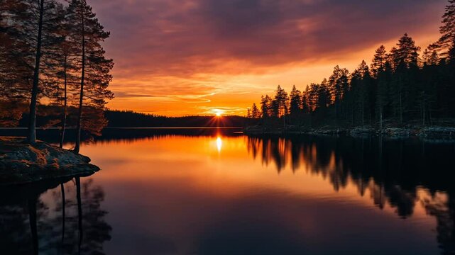 Sunset over tranquil lake, pine trees reflected