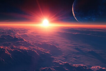 A breathtaking alien sunset over a planet's cloud-covered surface, with a large moon partially visible in the upper right corner.