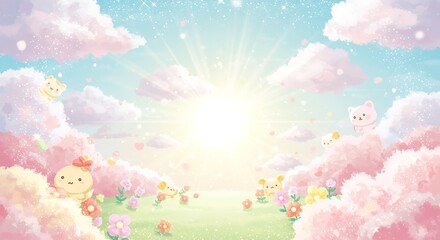 Cute Cartoon Animal Characters in a Dreamy Spring Landscape Illustration