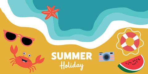 summer beach holiday background, tropical vacation cartoon banner, seaside travel illustration with crab