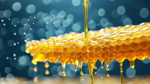 Golden Honeycomb Dripping Sweetness: A Close-Up of Nature's Nectar