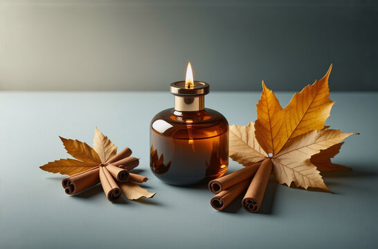 Cozy autumn scene with a lit candle, cinnamon sticks, and dried leaves, creating a warm and inviting atmosphere.