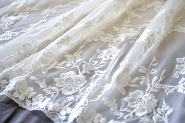 Obraz premium Delicate Tambour lace fabric featuring intricate floral embroidery. The lace is soft and translucent, showcasing detailed patterns of flowers and leaves.