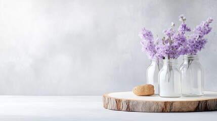 Lilac Flowers in Glass Jars Rustic Wooden Slice Display Soft Natural Lighting Wide Landscape Shot Textured Surface Decor Peaceful Setting Soft Lavender Hues Ideal for Home Decor Blogs