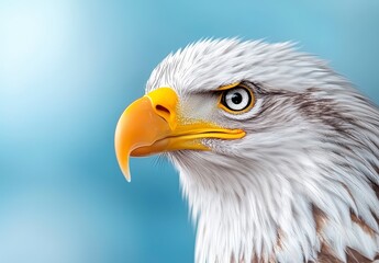 Fototapeta premium Close Up Portrait of an Eagle Head Against a Blue Background