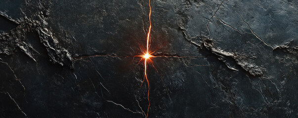 A black and white photo of a rock with a crack in it and a bright light shining through it