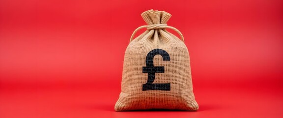 Pound Money Bag on Red Background &ndash; Finance Concept Image