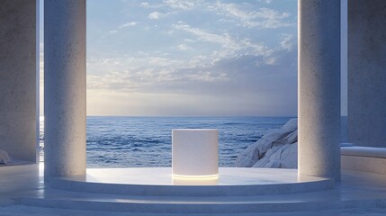 Fototapeta premium Minimalist coastal retreat serene ocean and modern sculpture in tranquil environment
