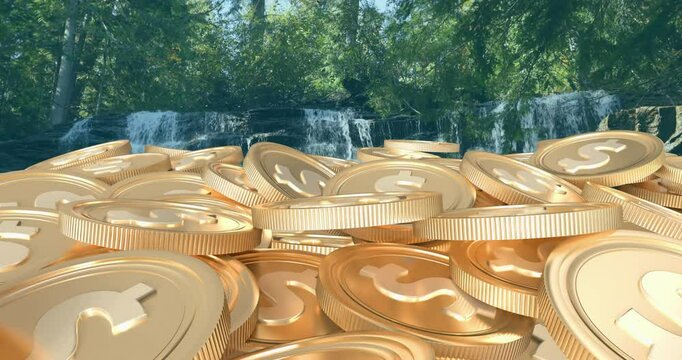 Stacked golden coins with dollar signs in animation of lush waterfall background
