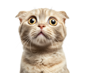Shocked Fluffy Cat Expression - A funny and lovable Scottish Fold cat showing a hilarious shocked look, perfect for humorous content and pet-related projects.
