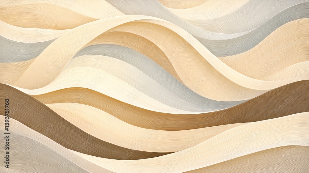 Wall mural undulating layered bands of warm tans and greys create a calming, abstract flow